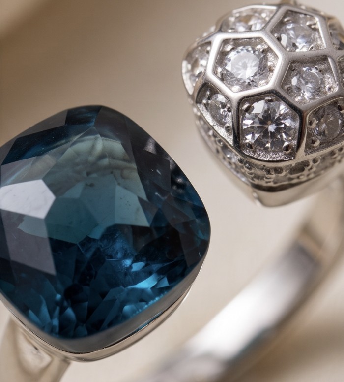Atlantica fancy asscher cut 5.9 carat authentic Grandidierite rhodium over .925 Sterling Silver Handcrafted Ring size 6 - Close-up of Atlantica ring with Grandidierit and diamond detailing