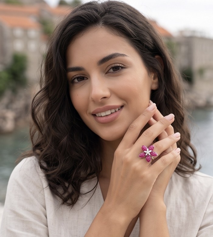 Scarlett mystery setting 9.7 ctw Mozambique Ruby .925 Sterling Silver dipped in rhodium handcrafted Statement Ring size 6 - Ruby ring worn on hand, showcasing the Scarlett mystery setting.