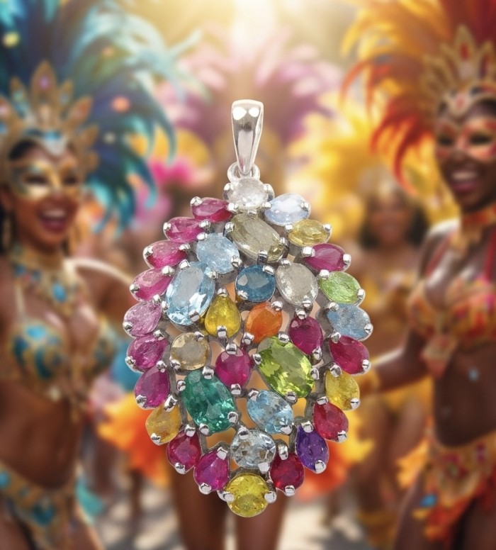 Colors of the Earth Precious 24.5 carat Multigem .925 Sterling Silver dipped in black rhodium Pendant - Multigem pendant close-up against a vibrant carnival background.