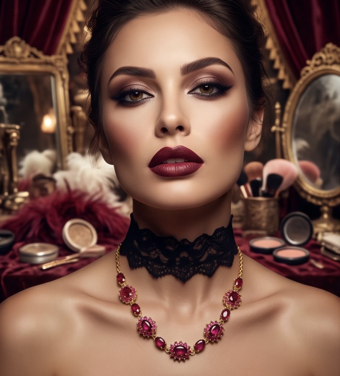Carmen 28.2 carat Natural Kasmir Ruby .925 Sterling Silver dipped in 22K Gold handcrafted Statement necklace - Necklace worn on model with makeup in vintage vanity setting.