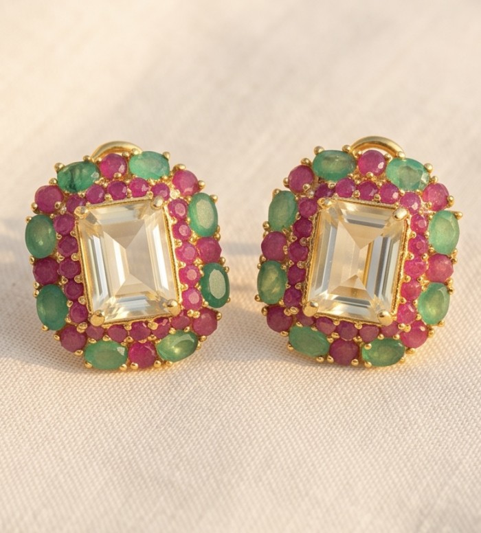 Esperanza - Luxurious 10.2 Brazilian Citrine Emerald 18K Gold over .925 Sterling Silver handmade Earrings - Front view of colorful gemstone earrings on fabric background.