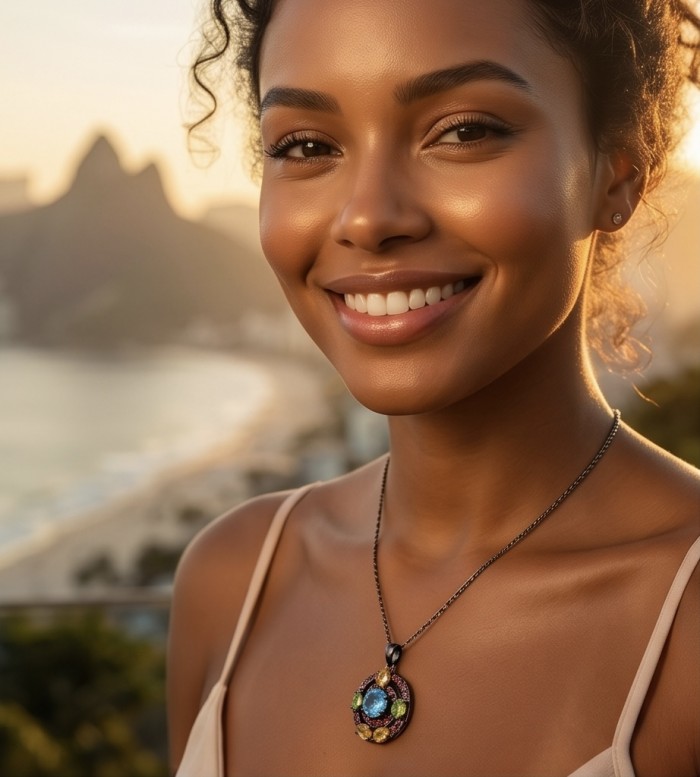 Atlantica - amazing quality 5.5 CARAT genuine Swiss Blue Topaz black rhodium over .925 Sterling Silver handmade pendant - Woman wearing Atlantica necklace with Swiss Blue Topaz at sunset beach backdrop