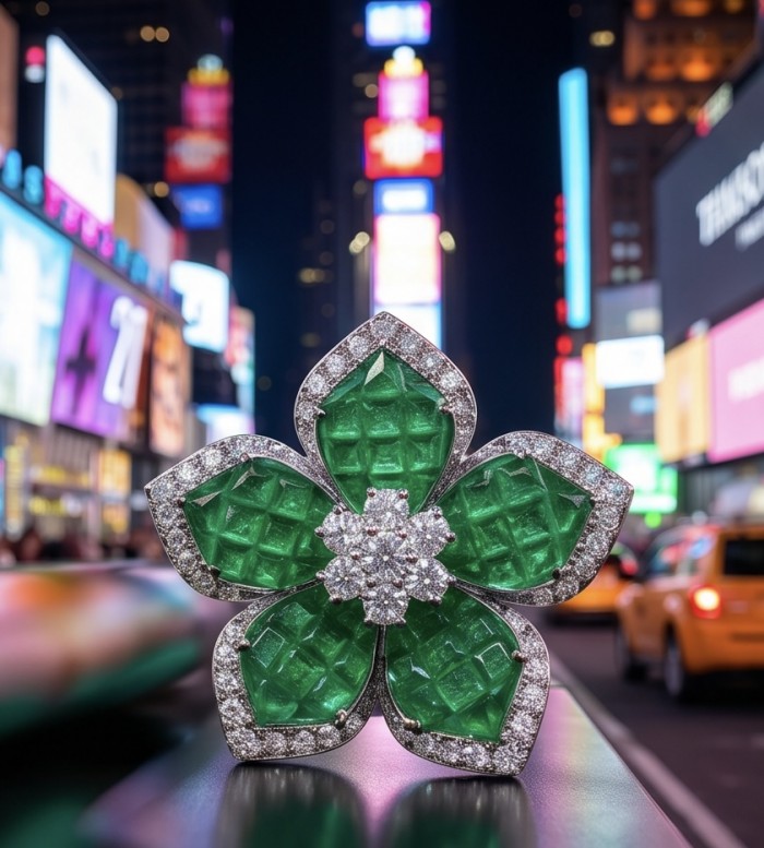 Born to Glam authentic 18.7 carat mystery setting Colombian Emerald .925 Sterling Silver handcrafted Statement earrings - Close-up of Born to Glam 18.7 carat Colombian gemstone flower brooch