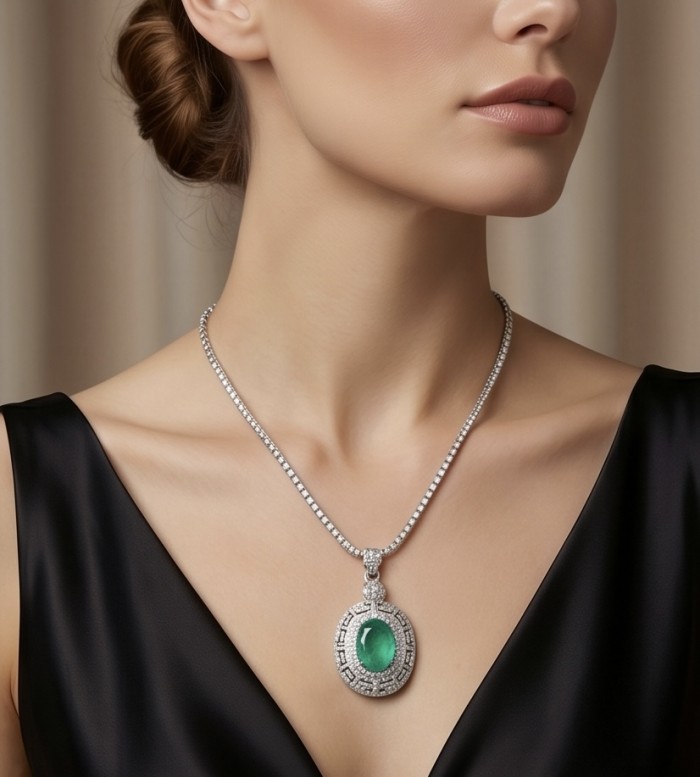 Colombian Briliance - oval cut 15.7 carat Emerald .925 Sterling Silver handcrafted necklace - Close-up of a woman wearing Colombian Brilliance emerald necklace.