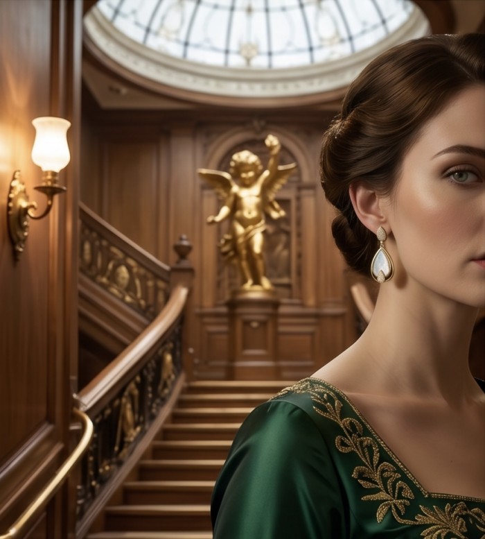 Top quality Sublime Blister Pearl 22K Gold over .925 Sterling Silver handcrafted Earrings - Elegant pearl earrings worn with green dress, grand staircase background.