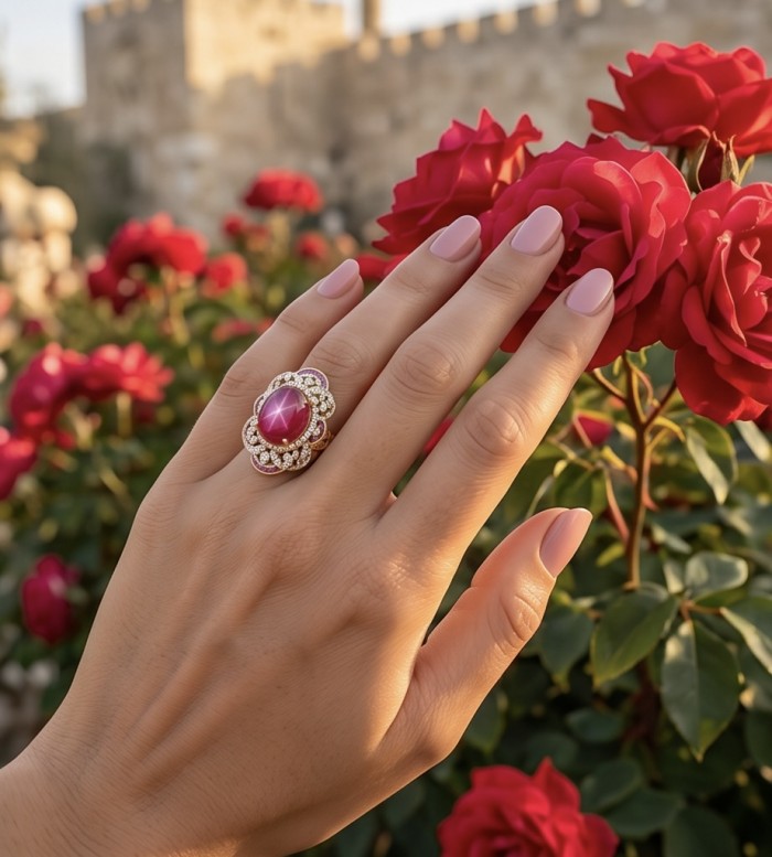 Empress 28.6 ctw Mozambique Star Ruby .925 Sterling Silver dipped in 22K Gold handcrafted Statement Ring size 7 - Empress ring worn on hand with star ruby and roses in background.