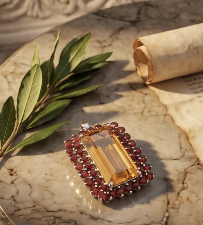 Giovanna baquette cut 38.2 carat Golden Topaz rhodium over .925 Sterling Silver handmade Pendant - Brooch - Golden Topaz pendant with red gems on marble with scroll and leaves