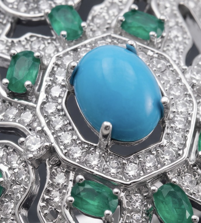 Art Deco - Pacifica - 18.4 carat Turquoise Emerald .925 Sterling Silver handmade Statement ring s. 7 - Stone close-up of Art Deco Turquoise Emerald jewelry in .925 sterling silver.