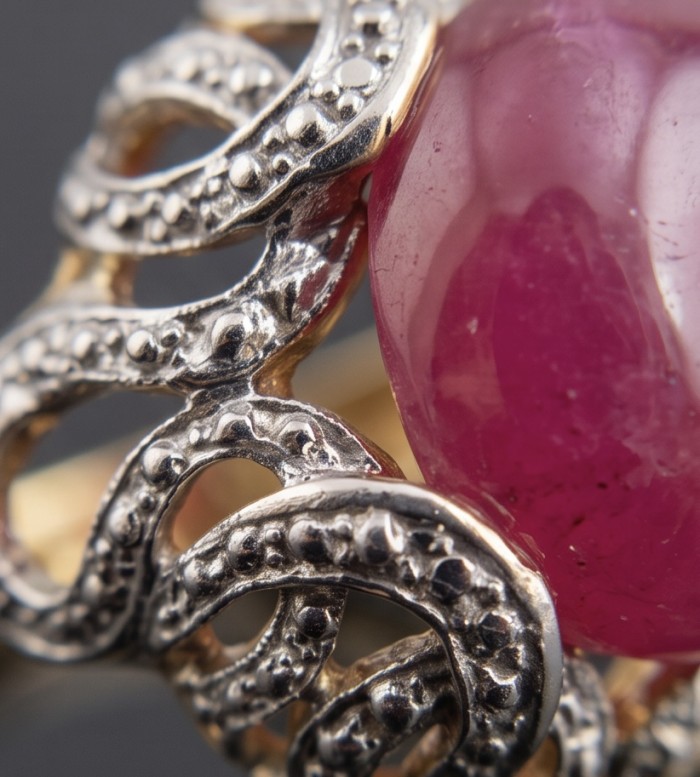 Bella Rosa Genuine 21.5 CARAT Mozambique Ruby 18K Gold over .925 Sterling Silver Large Statement Ring size 6 1/4 - Close-up of a Bella Rosa 21.5 ct Mozambique Ruby in 18K Gold setting.