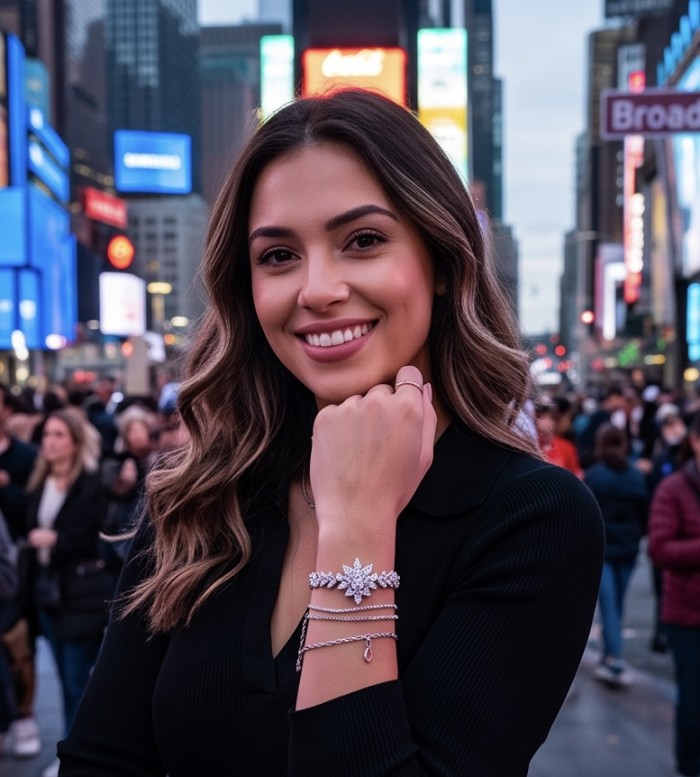 Mademoiselle 10.2 carat Moissanite .925 Sterling Silver Statement Bracelet - Woman wearing Mademoiselle 10.2 carat Moissanite bracelet, street backdrop