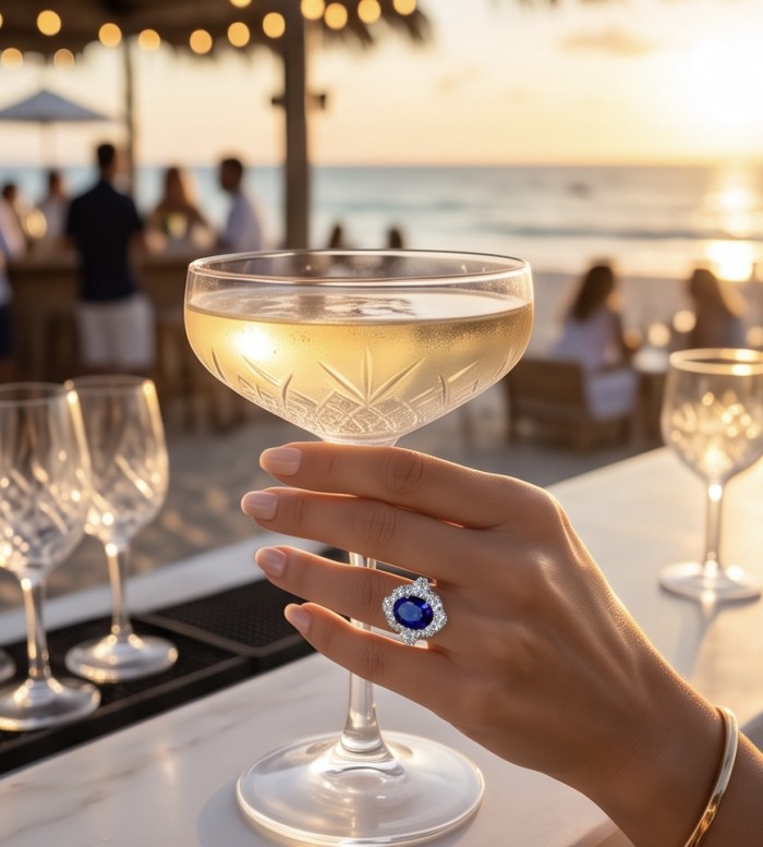 Stella oval cut 9.5 carat Sapphire .925 Sterling Silver handmade Statement ring size 7 - Sapphire ring worn on hand holding a cocktail at sunset beach bar.