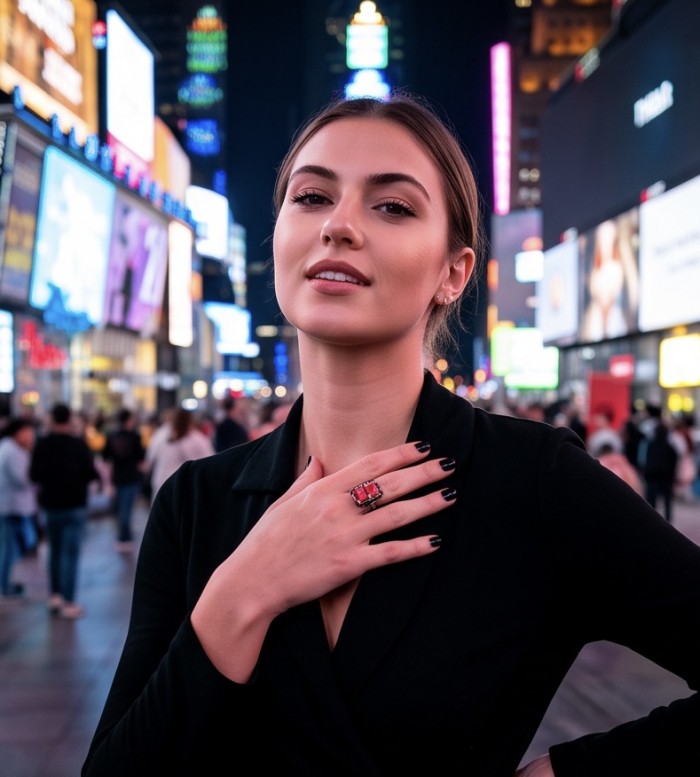 Art Deco 4.2 carat Ruby black enamel .925 Sterling Silver handcrafted Ring s. 8 - Woman wearing Art Deco ruby ring against a city lights backdrop