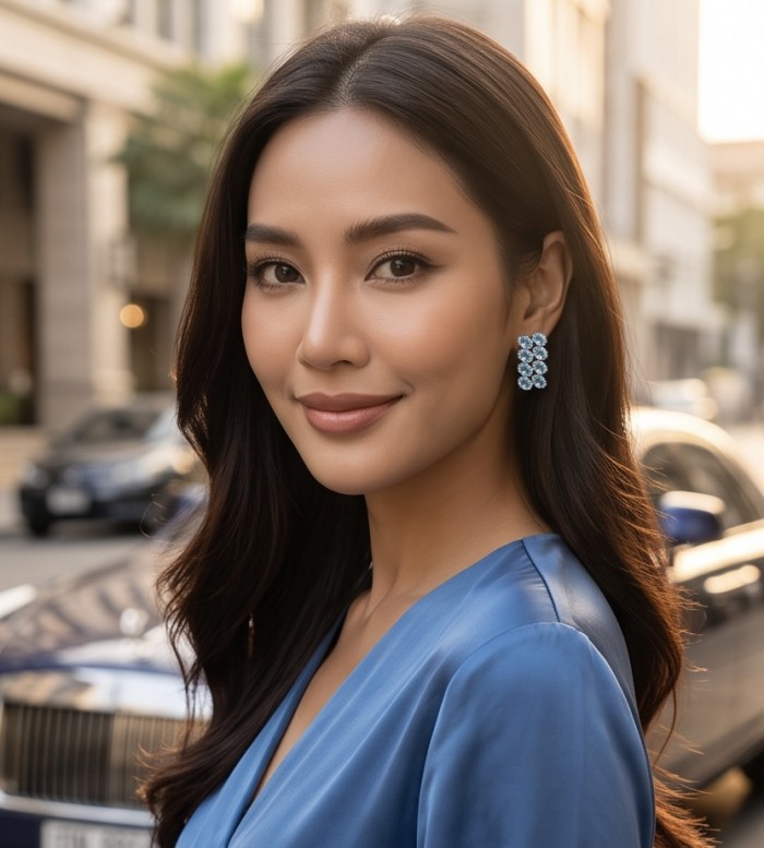 Serenity 27.4 carat genuine Swiss Blue Topaz .925 Sterling Silver handmade Statement Handcrafted earrings - Worn on model: Serenity 27.4 carat Swiss Blue Topaz earrings, side view