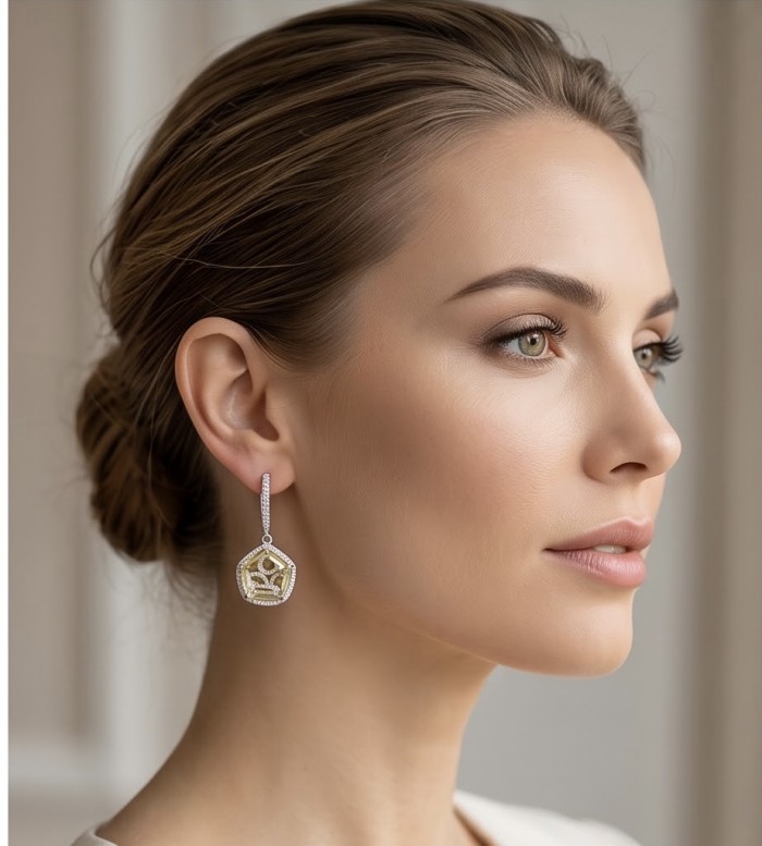 SunRise 10.8 carat Lemon Quartz rhodium over .925 Sterling Silver handcrafted Statement Earrings - Side view of SunRise 10.8 ct Lemon Quartz earrings worn on ear.