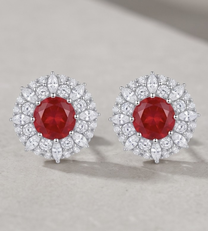 Genuine 3.8 carat Ruby rhodium over .925 Sterling Silver handcrafted Statement Earrings - Front view of ruby and diamond earrings in rhodium over sterling silver.