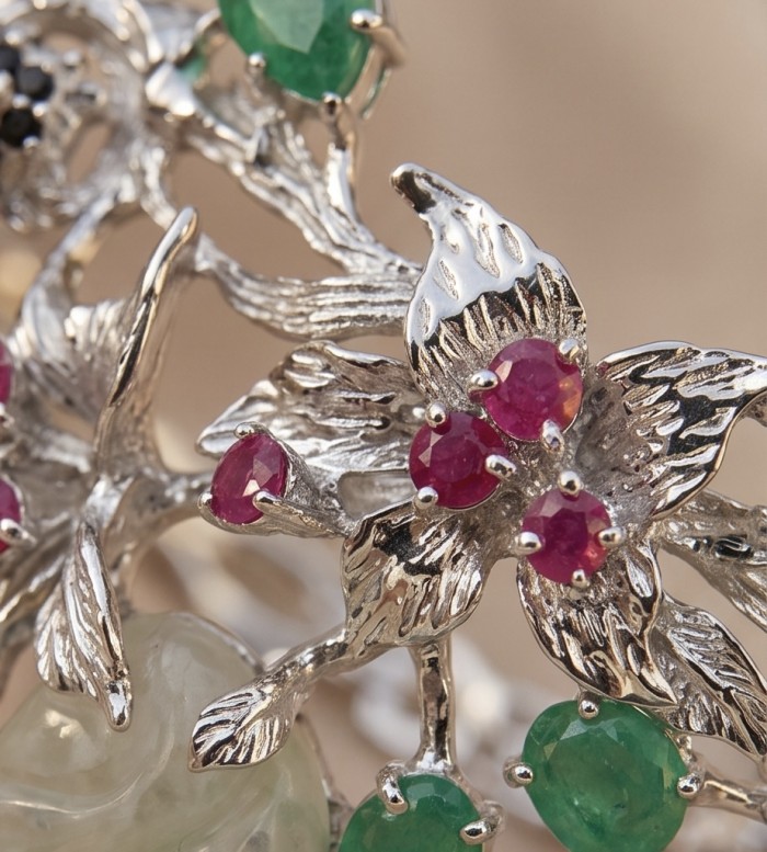 RARE BEAUTY! Valentina 58.2 carat CARVED Green Amethyst .925 Sterling Silver dipped in rhodium Statement handcrafted Bracelet - Close-up of flower detail with gemstones on Valentina jewelry piece