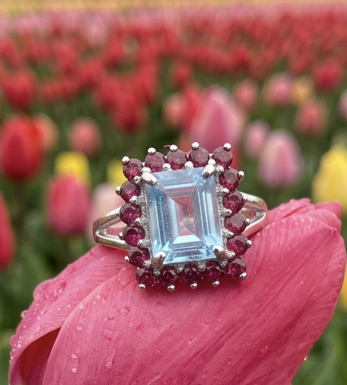 Atlantica 5.8 carat Swiss Blue Topaz .925 Sterling Silver dipped in rhodium handcrafted ring size 9 - Close-up of Atlantica ring with blue topaz on pink tulip in floral field.