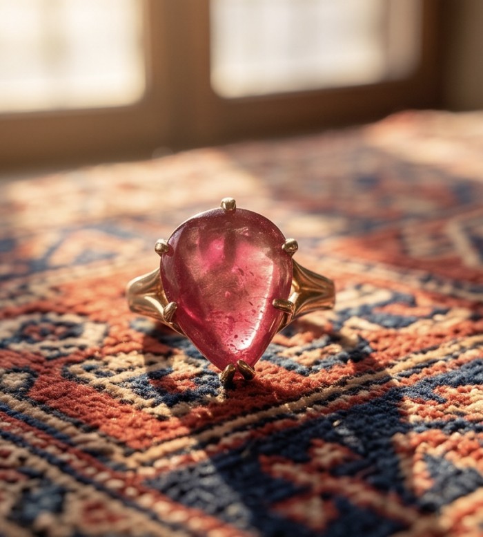 Scarlett 10.7 ctw Mozambique Ruby .925 Sterling Silver DIPPED IN 18k GOLD handcrafted Statement Ring size 6 - Close-up of Scarlett 10.7 ctw Mozambique Ruby ring on patterned fabric.