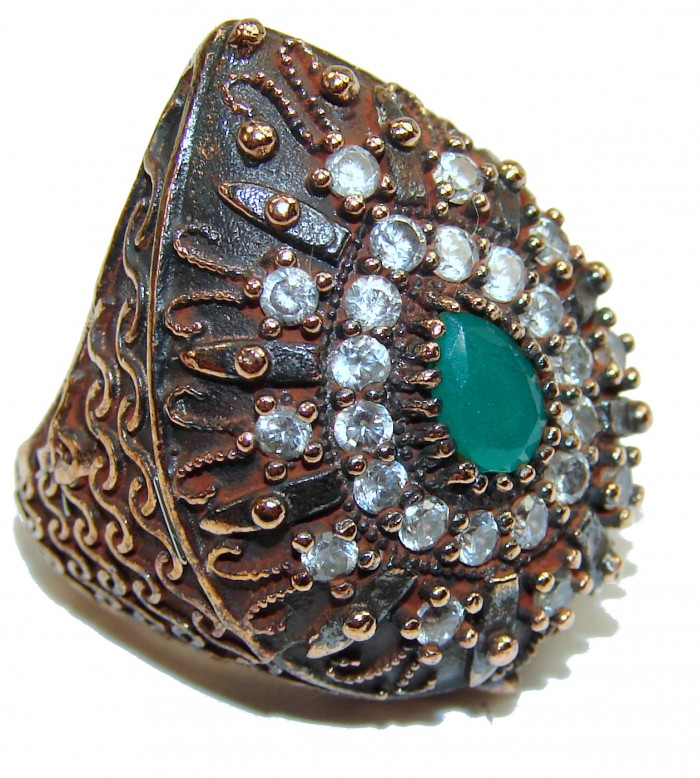 Victorian Style created Emerald & White Topaz Copper over Sterling Silver ring; s. 6 - photo 1