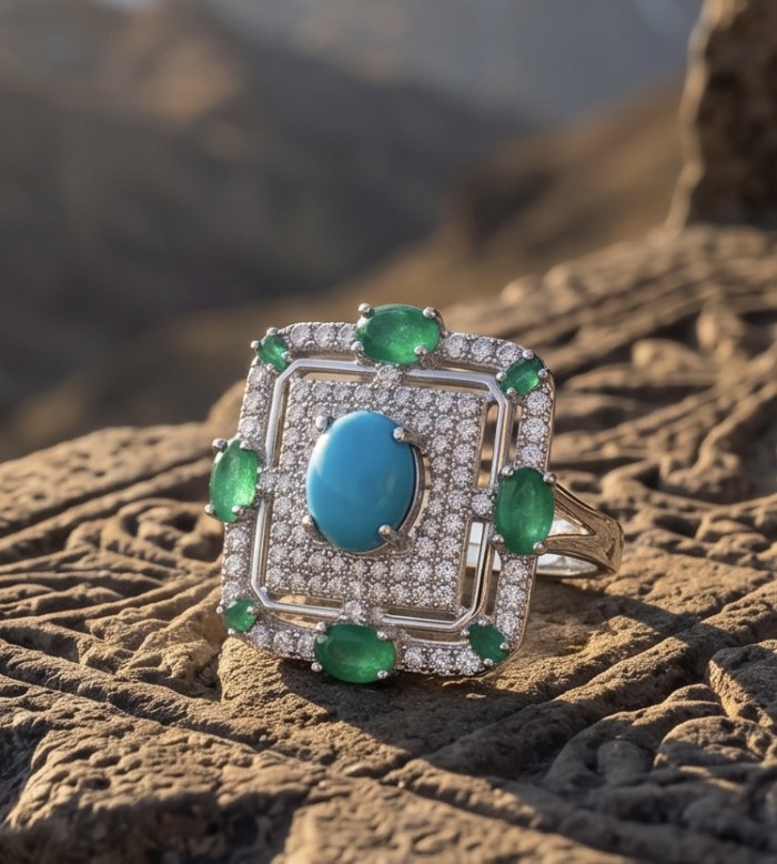 Art Deco - Pacifica - 18.4 carat Turquoise Emerald .925 Sterling Silver handmade Statement ring s. 8 adjustable - Turquoise emerald ring close-up on textured surface.