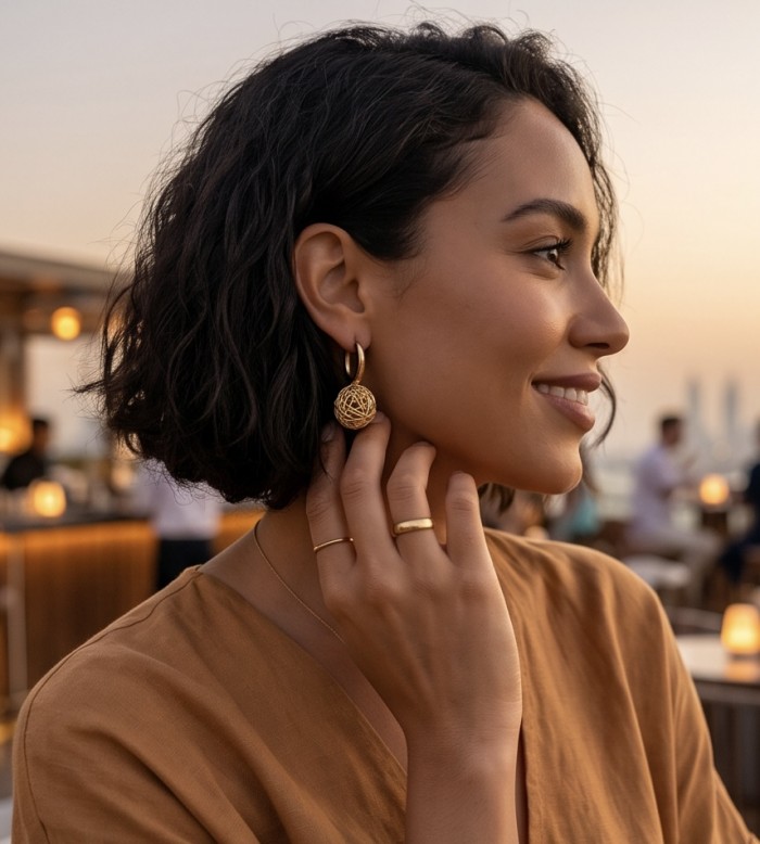 Dubai Style - Golden SPHERES .925 Sterling Silver dipped in 22K Gold handmade Earrings - Side view of model wearing golden SPHERES sterling silver earrings.