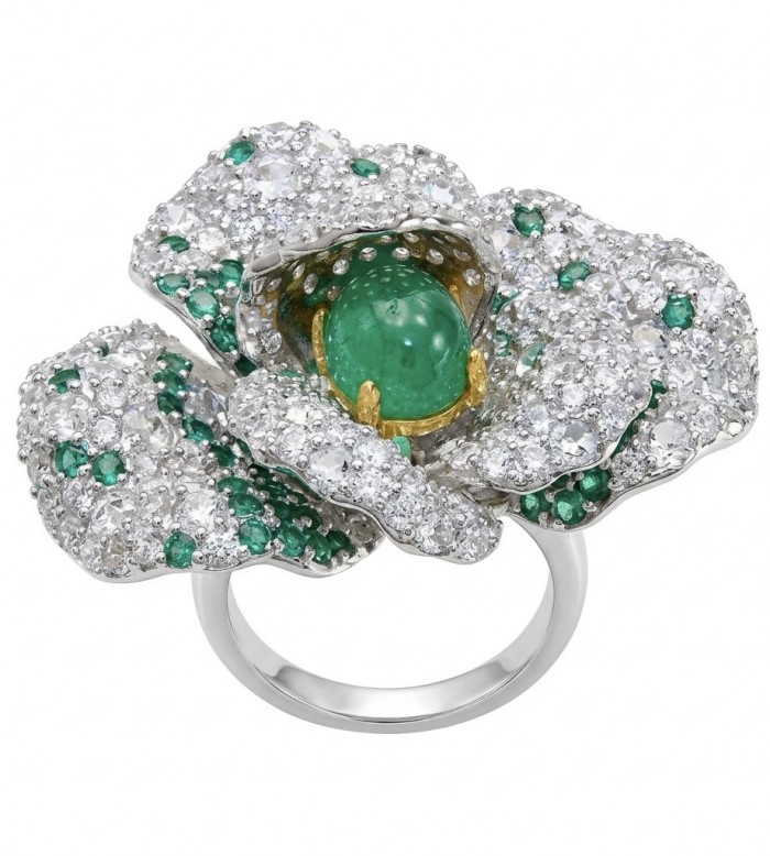Secret Rose - Vintage Style 6.8 carat Jade 18K Gold over .925 Sterling Silver handmade Large Cocktail Ring s. 6 - Floral ring with jade and diamonds, top view.