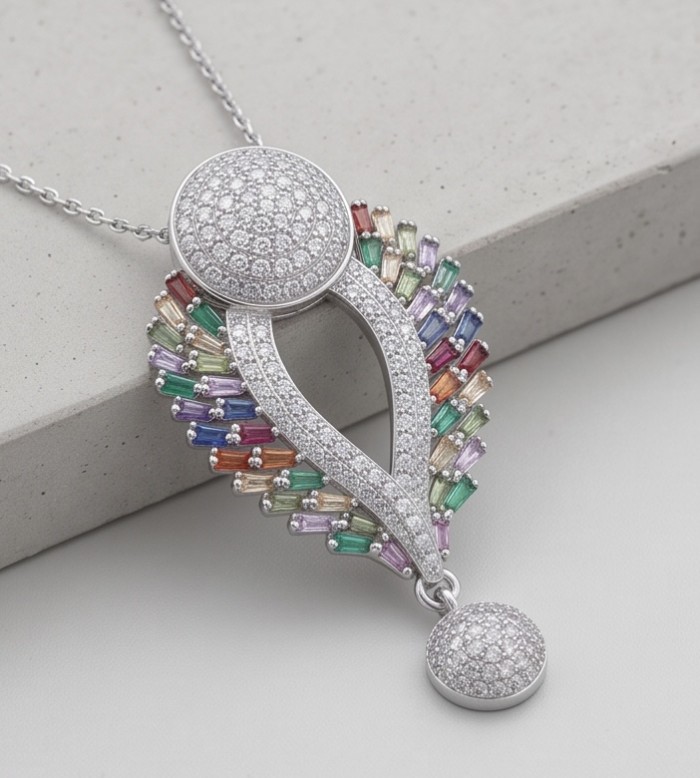 Julietta - Excellent quality 11.9 carat Multigem rhodium over .925 Sterling Silver handcrafted Pendant - Close-up of Julietta multigem rhodium pendant on display surface.