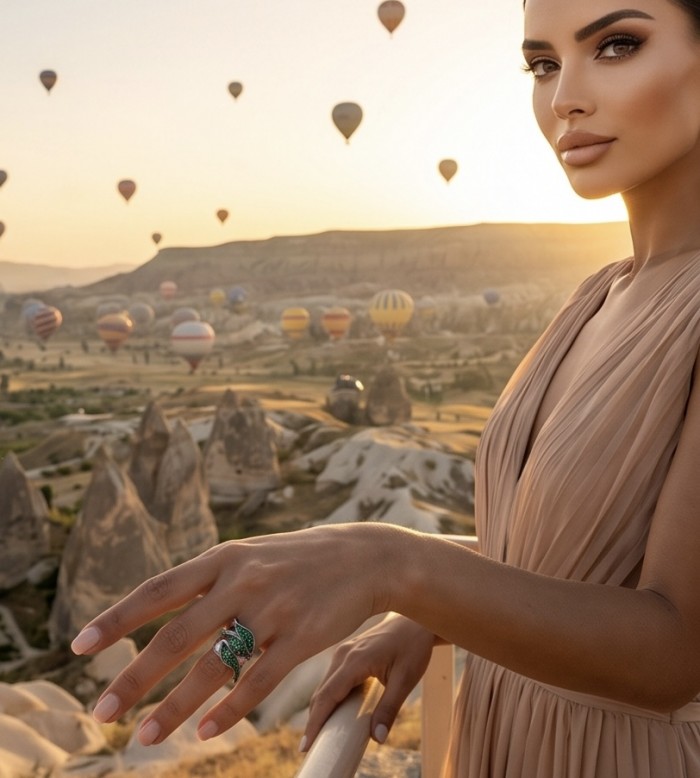 Precious pave authentic 10.2 carat Emerald .925 Sterling Silver Ring size 7 - Emerald ring on hand, hot air balloons in background.