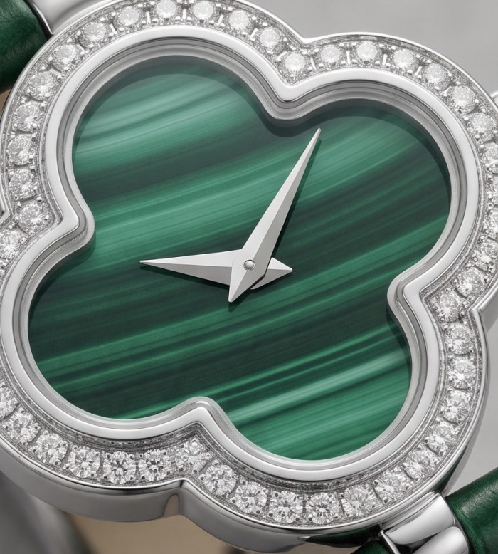 Precious 18.5 carat Authentic Four Leaf Clover Malachite Genuine Leather strap .925 Sterling Silver handmade Watch - Close-up of four-leaf clover watch with malachite and diamond details.
