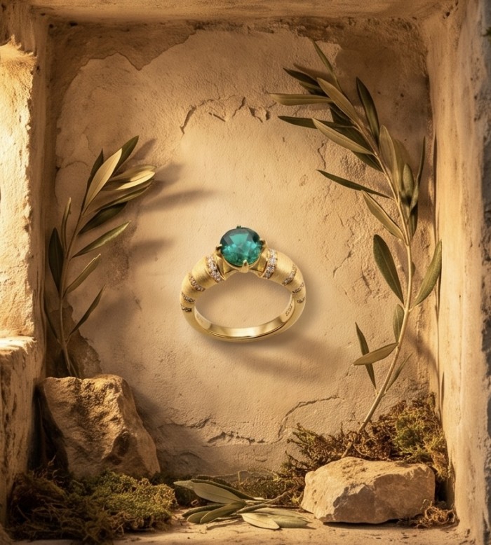 Elizabeth 2.8 carat Colombian Emerald .925 Sterling Silver dipped in Rhodium handcrafted Ring size 6 - Colombian Emerald ring on stone background with olive branches