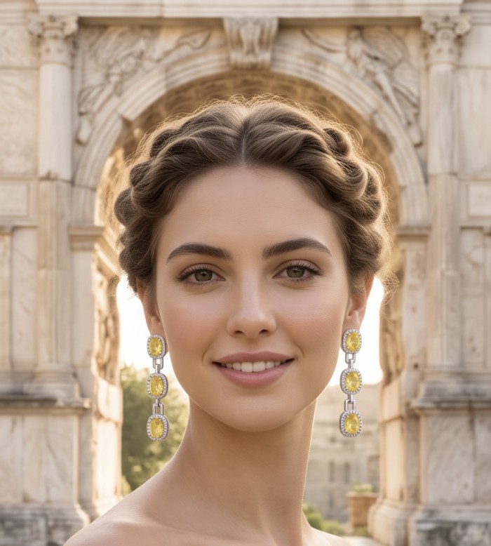 Luxurious - 24.4 carat Yellow Sapphire from Ceylon .925 Sterling Silver dipped in Rhodium handcrafted earrings - Yellow sapphire earrings worn, close-up with historical arch background.