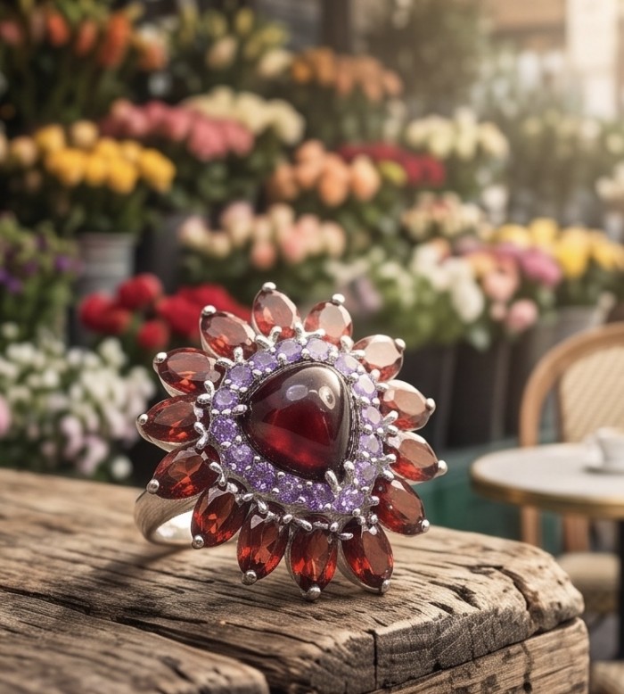 Scarlett 28.8 ctw Mozambique Ruby rhodium over .925 Sterling Silver handcrafted Statement Ring size 8 - Ruby and gemstone ring close-up on rustic wood with floral background.