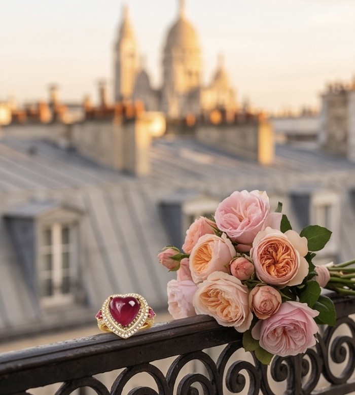 Enchanted Heart 6.9 carat natural Mozambique Ruby 22K Gold over .925 Sterling Silver Huge handcrafted Ring s. 7 adjustable - Ruby heart ring with pink roses on Parisian balcony, sunset background.