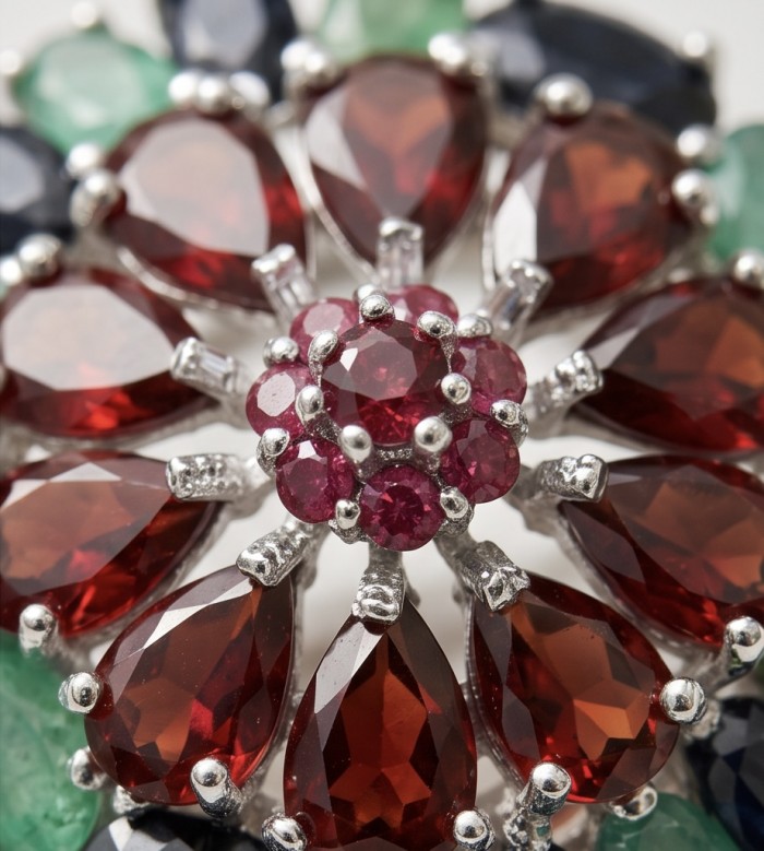Giovanna 22.5 carat Emerald Ruby Sapphire rhodium over .925 Sterling Silver handcrafted ring size 8 1/2 - Close-up of emerald, ruby, and sapphire gemstone arrangement.