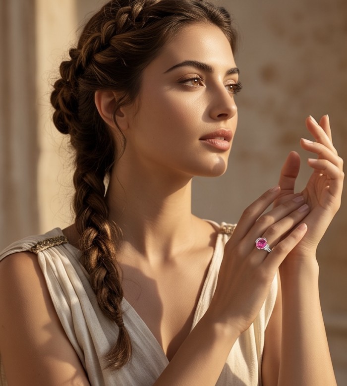 Scarlett 2.4 ctw Mozambique Ruby .925 Sterling Silver handcrafted Statement Ring size 8 - Ruby ring worn on hand, side view with braided hair and soft light.
