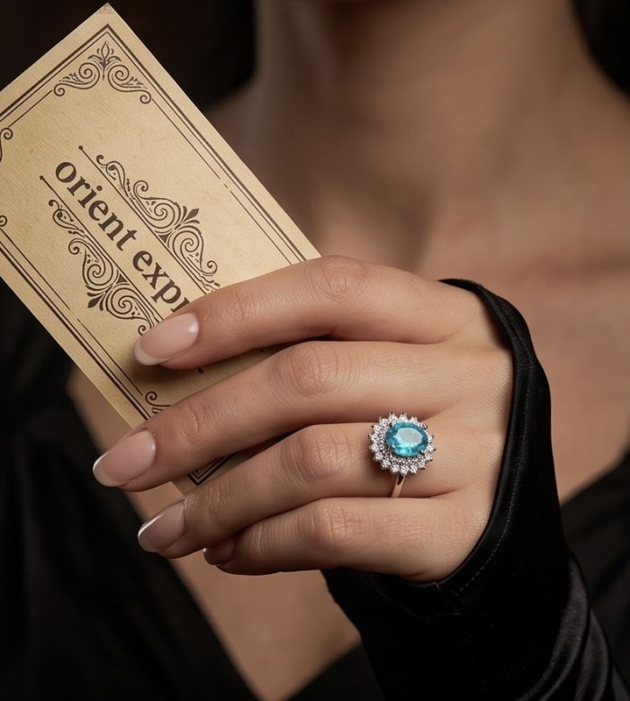 WONDERLAND 4.8 carat Paraiba Tourmaline .925 Sterling Silver Handcrafted Ring size 8 - WONDERLAND ring with Paraiba Tourmaline worn on hand, close-up view.