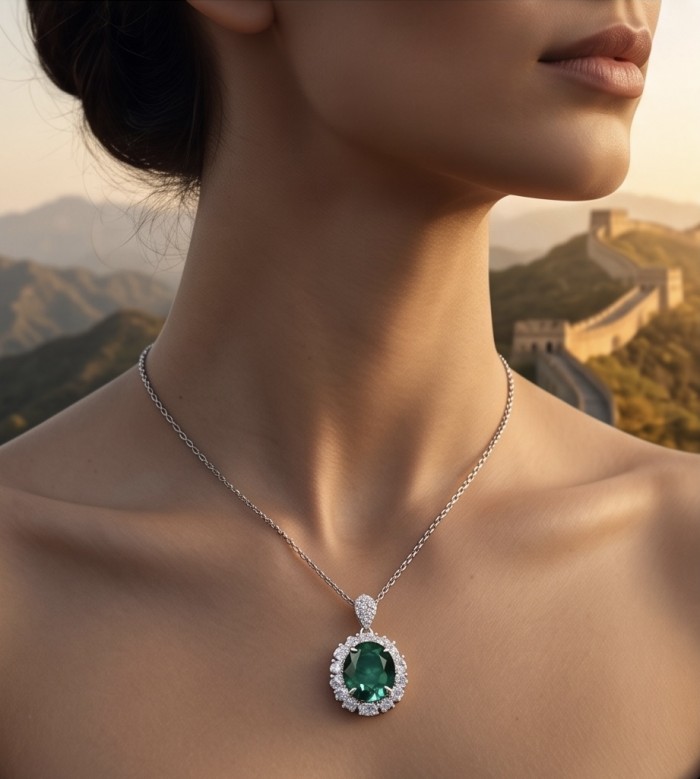 Giovanna- Authentic 11.5 CARAT natural Colombian Emerald .925 Sterling Silver handcrafted necklace - Necklace with 11.5 carat Colombian emerald, worn on neck.