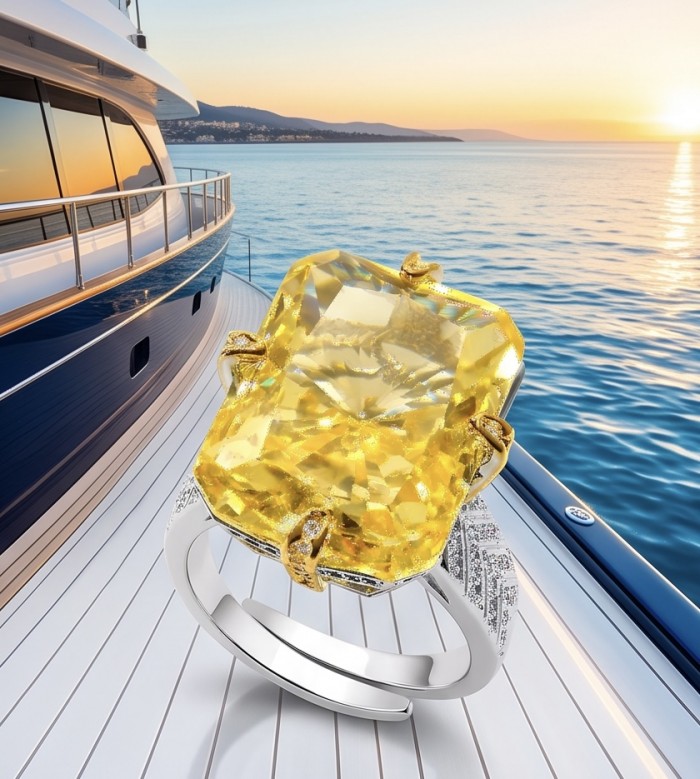 Solid 24.8 carat Genuine Yellow Sapphire 2 tones .925 Sterling Silver handcrafted ring size 8 adjustable - Yellow sapphire ring close-up on yacht deck at sunset.