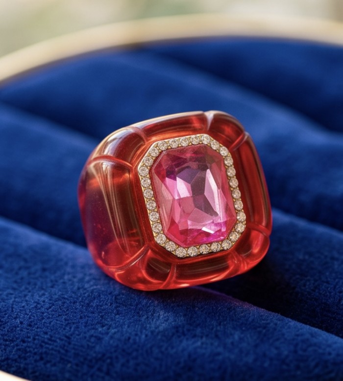 Candy Store - Modern Design Natural Red Raisin Pink Topaz .925 Sterling Silver ring size 7 3/4 - Red raisin ring with pink topaz, stone close-up on velvet background.