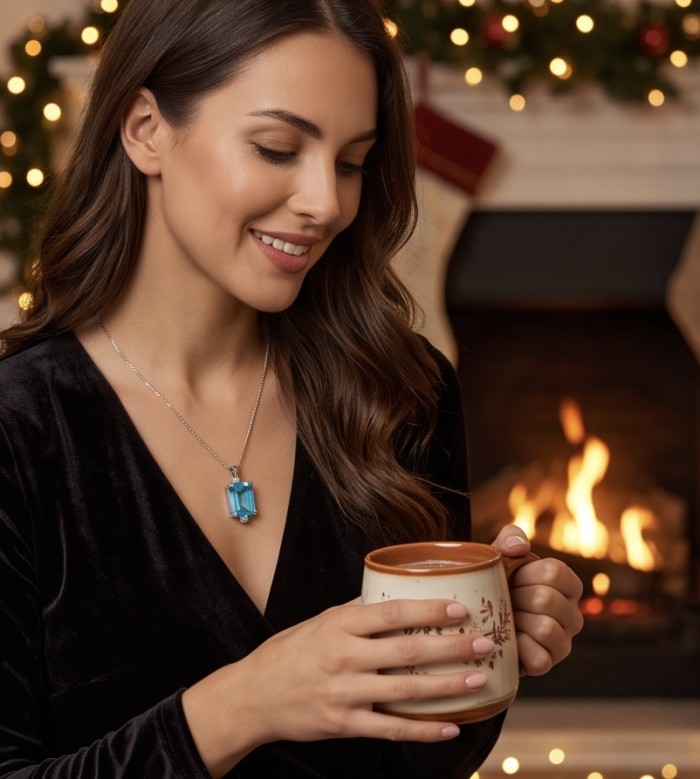 Angelina 4.9 carat authentic Aquamarine .925 Sterling Silver Handcrafted pendant - Model wearing Angelina aquamarine necklace by a fireplace, holding a mug.