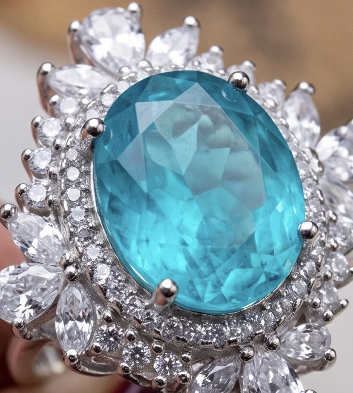 Mesmerizing 14.8 carat Aquamarine rhodium over .925 Sterling Silver handcrafted ring size 6 3/4 - Close-up of aquamarine ring with diamond accents.