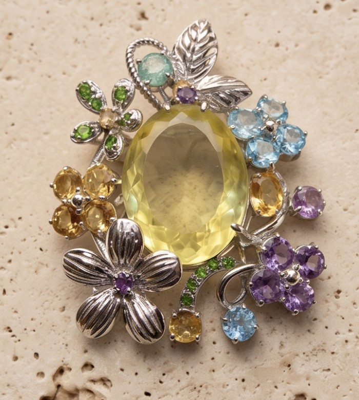 Timeless Beauty genuine 45.2 CARAT Lemon Topaz .925 dipped in Rhodium Sterling Silver handmade Pendant Brooch - Colorful floral brooch with lemon topaz, front view, detailed gemstones.