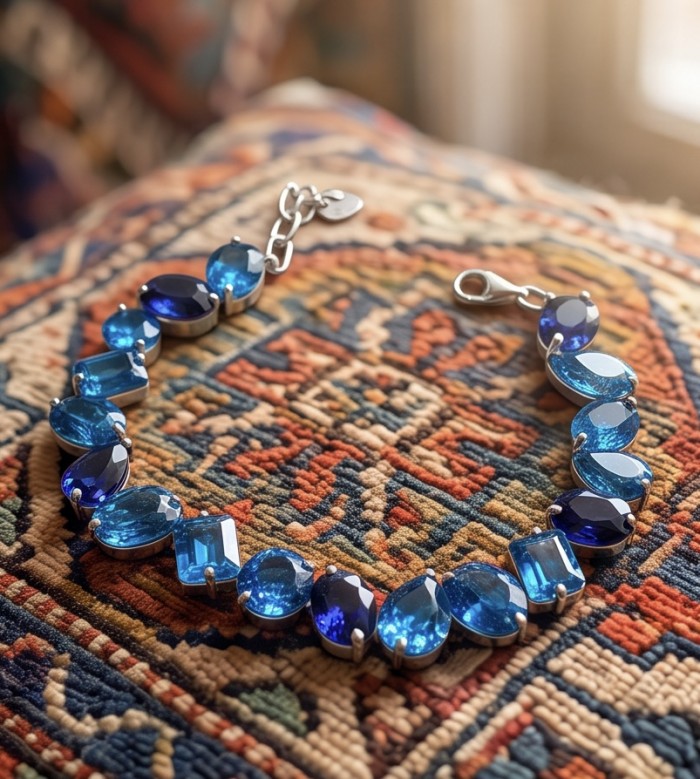 Nautilius 45.5 carat genuine Swiss Blue Topaz rhodium over .925 Sterling Silver handmade Statement Bracelet - Close-up of Nautilius Swiss Blue Topaz bracelet on patterned fabric