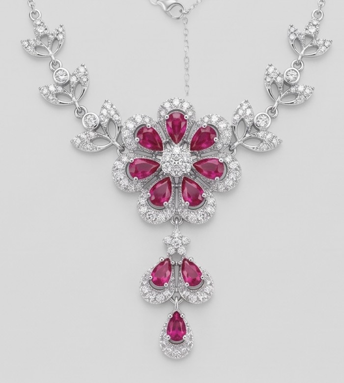 Izabella Luxurious natural 8.9 carat Ruby rhodium over .925 Sterling Silver handmade necklace - Front view of Izabella necklace with rubies and diamonds.