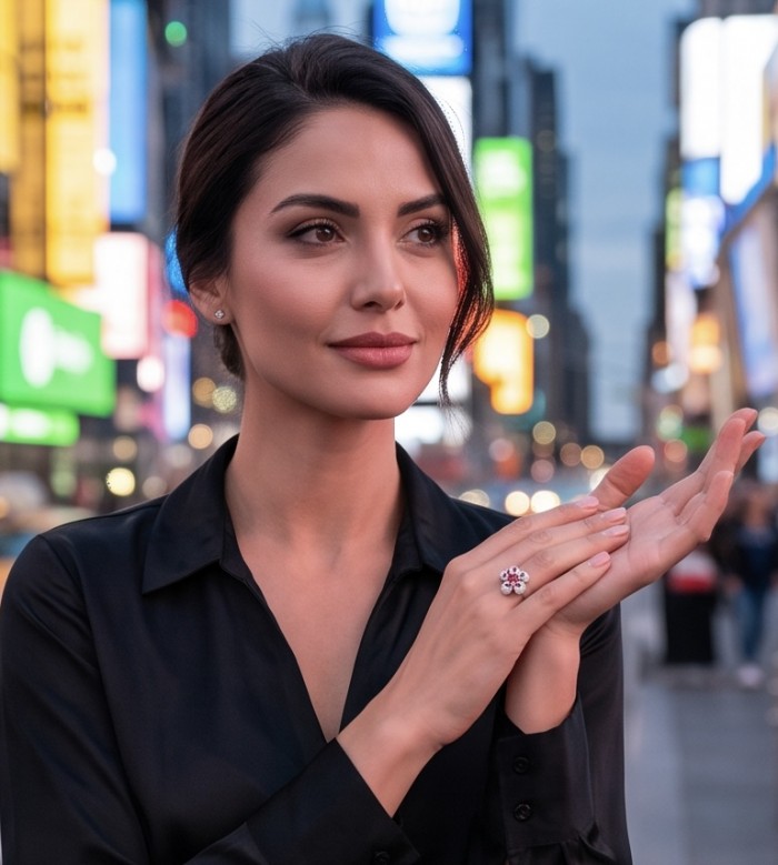 Izabella Luxurious natural 6.8 carat Ruby rhodium over .925 Sterling Silver handmade incredible ring s. 7 1/2 - Woman wearing Izabella Luxurious ruby ring, city lights background.