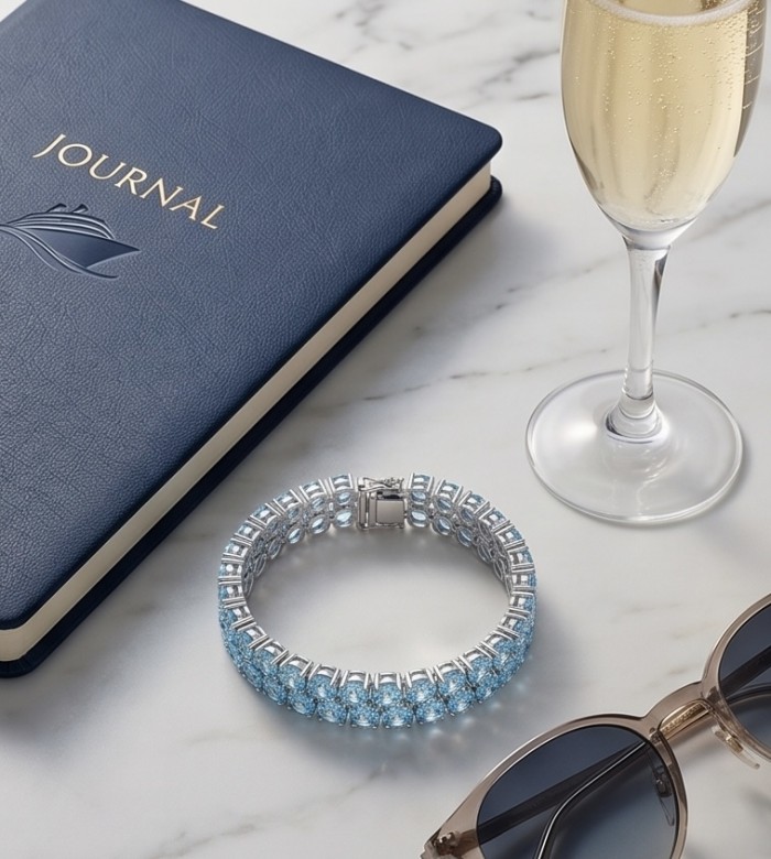 Tiffany - Magnificent 112.5 carat Swiss Blue Topaz .925 Sterling Silver handcrafted Heavy Bracelet - Top view of Swiss Blue Topaz bracelet with a journal, champagne, and sunglasses.
