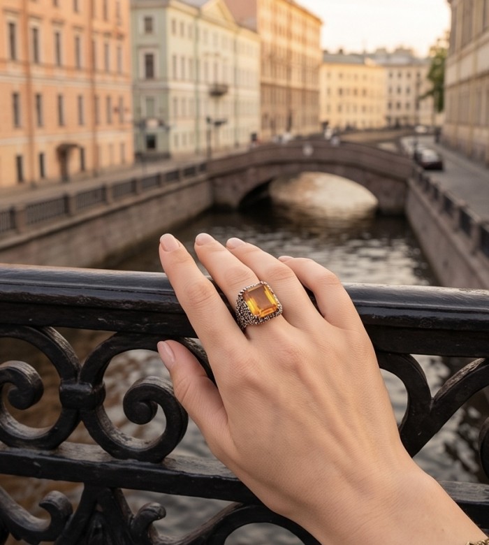 Serenity Natural 29.4 carat GOLDEN Topaz Marcasite .925 Sterling Silver handmade Large Statement Ring size 8 - Hand wearing Serenity 29.4 carat Topaz ring with cityscape background