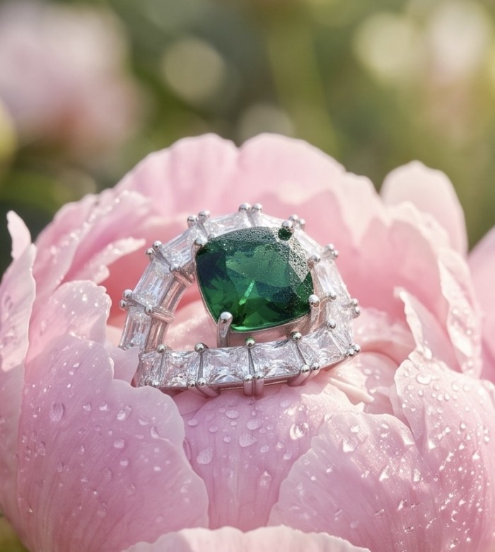 Precious 6.2 CARAT Chrome Diopside .925 Sterling Silver Statement Ring s. 8 - Close-up of a green chrome diopside ring on a pink flower with dewdrops.