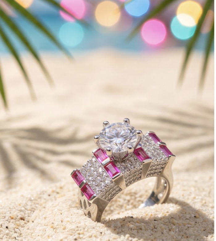 Extravaganza White Topaz Ruby .925 Sterling Silver brilliantly handcrafted stack up ring s. 6 - Close-up of Extravaganza ring with white topaz and ruby in sand.
