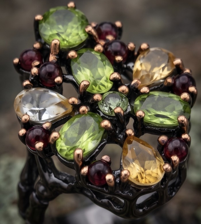 Fiesta Authentic 14.5 carat Multigem .925 Sterling Silver dipped in black rhodium brilliantly handcrafted Ring size 6 - Close-up of multigem ring with green, yellow, and red stones
